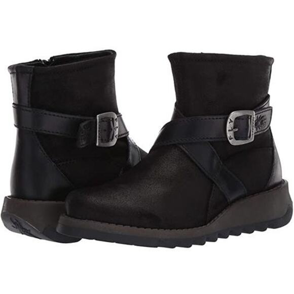 Fly London Shoes - Fly London Sake 418 Fly Boots Booties Black Suede Wrap Around Strap Size 36/ 5.5